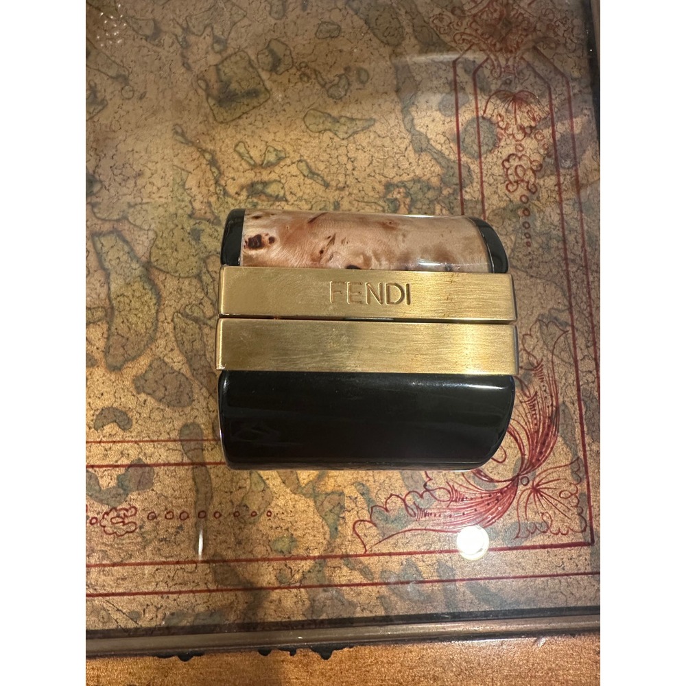 Fendi Black Resin Burl Gold Tone Wide Hinge Cuff Bracelet Made in Italy